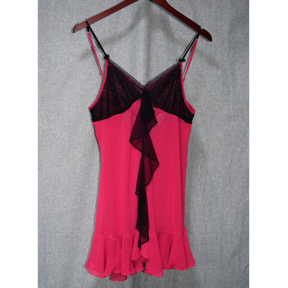 Betsey Johnson Intimates Pink & Black Lace Ruffle Slip Dress Size L